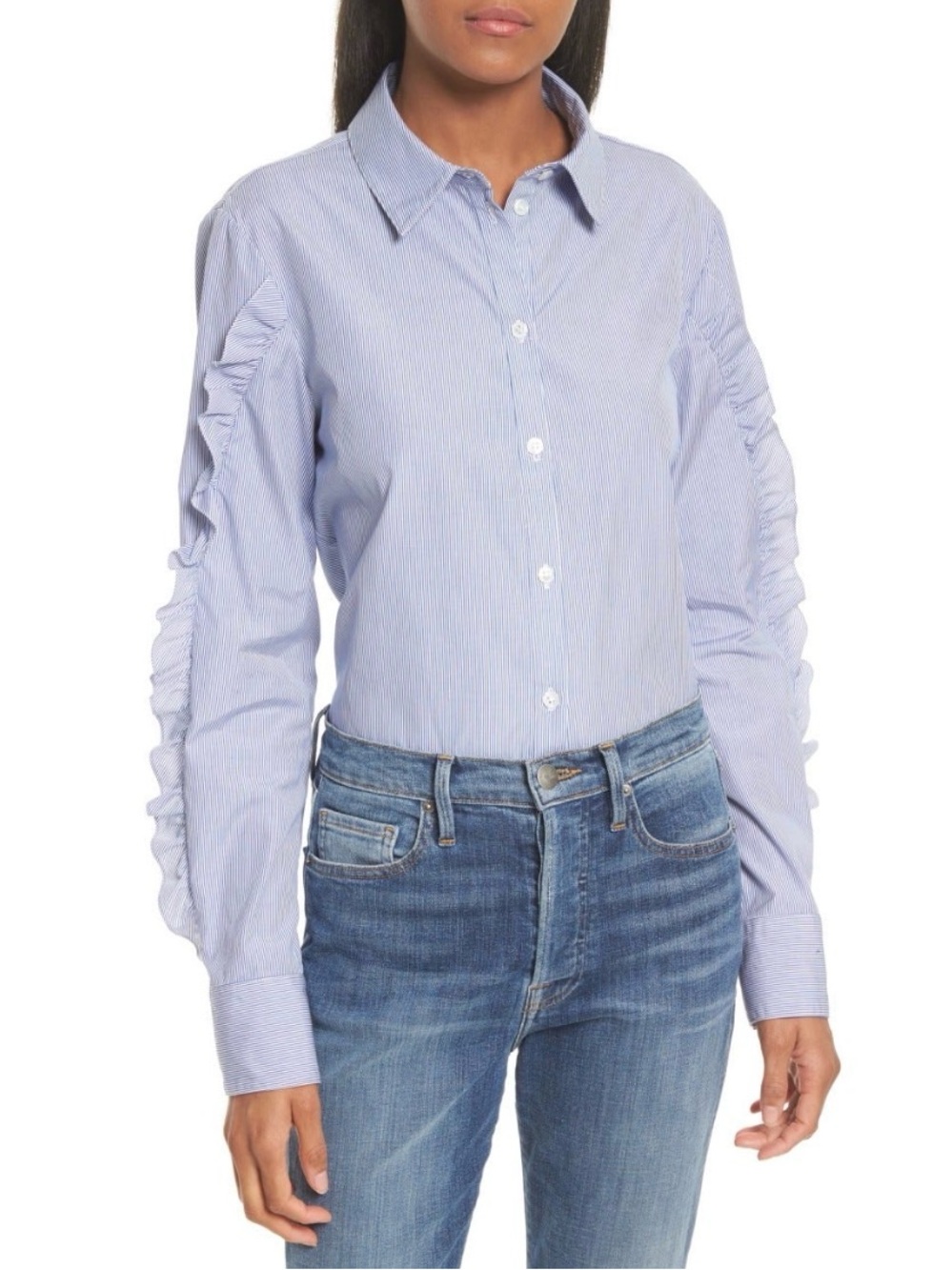 Tibi Light Blue Pinstripe Ruffle-Trim Button Down Shirt